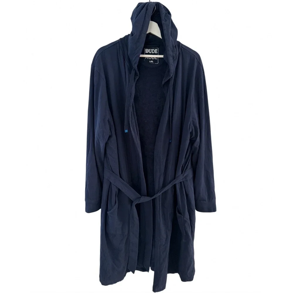 DudeRobe Mens Hooded Bathrobe Navy Blue Cotton Jersey L/XL Luxury Loungewear